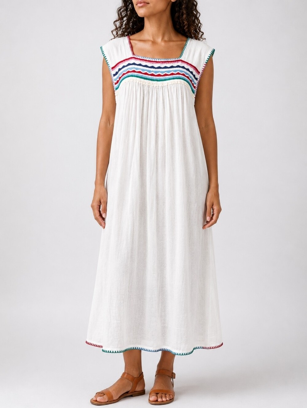 Carolina K Mexico Hand Embroidered Midi Dress White Resort Boho Summer Kaftan